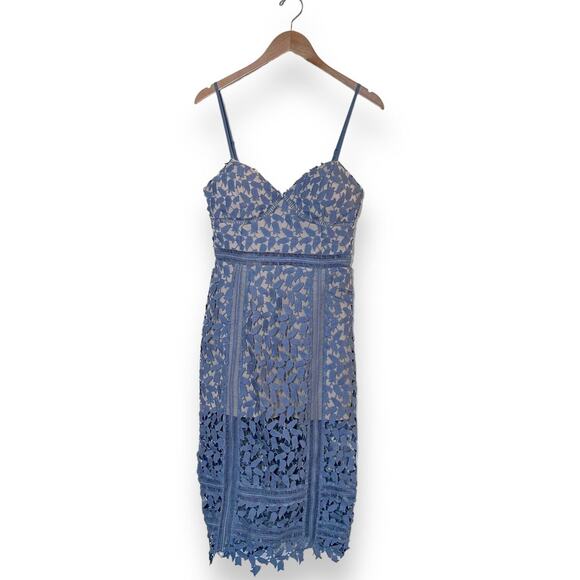 JUST ME BLOOMINGDALE'S Lace Crochet Midi Dress Sheath Bridesmaid Medium Blue - Picture 3 of 11